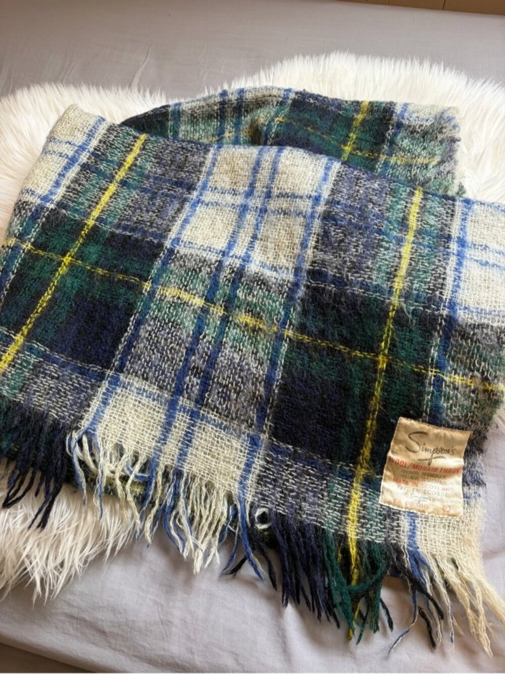 Vintage Simpsons Wool Mohair Plaid Throw Blanket Blue Fringe Scotland Tartan